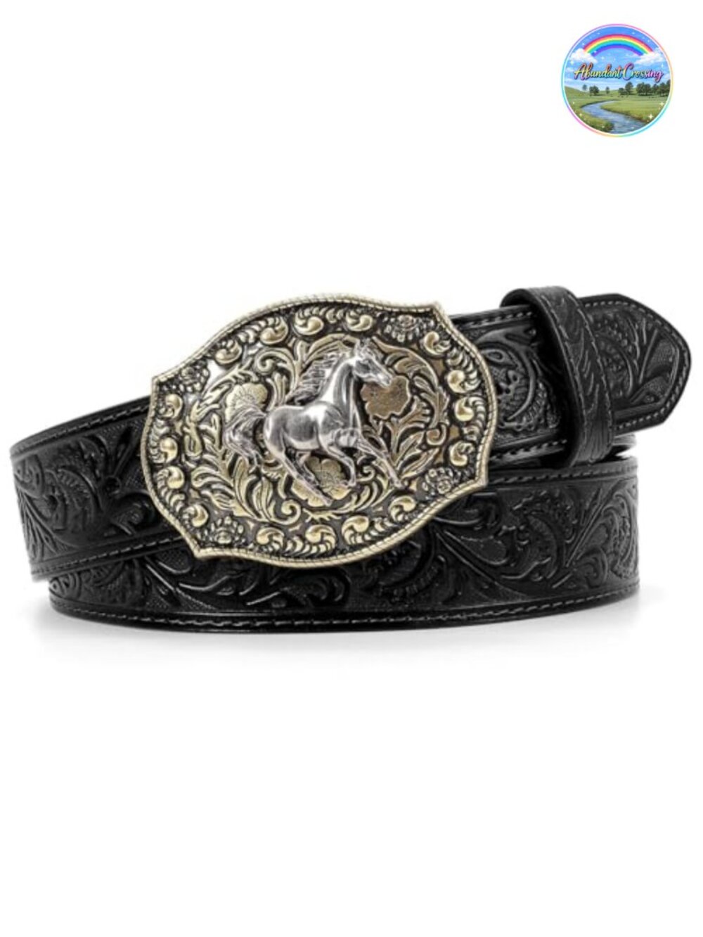 Embossed Leather Western Cowboy Belt with Horse Buckle